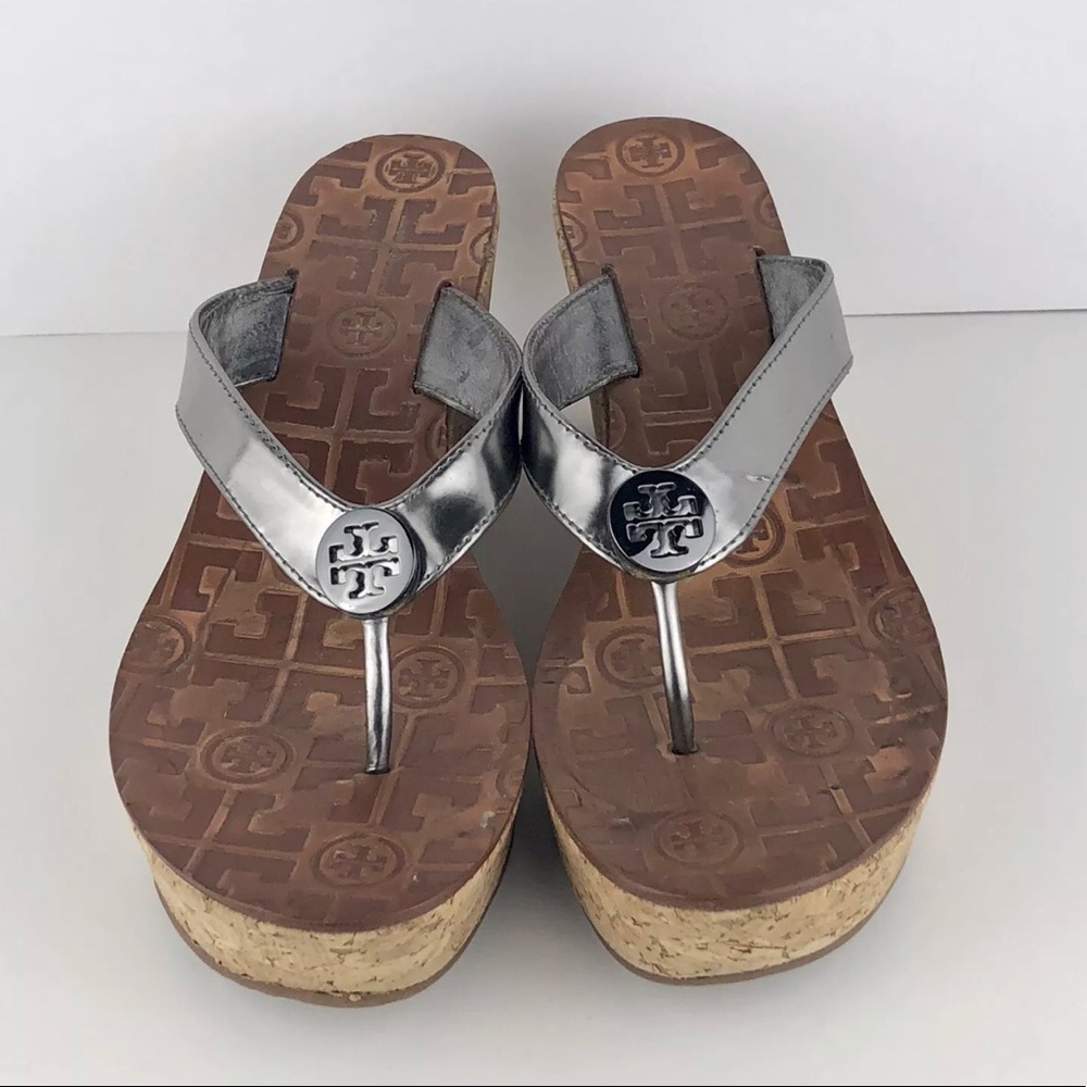 TORY BURCH Thora Metallic Silver Patent Cork Wedge